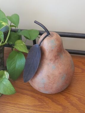 Decorative Rustic Metal Pear Sculpture -Earth Tones w/ Dark Brown Leaf- 8 1/2" H